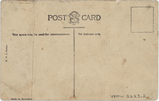 Yellowed card divided down middle, with an 'M' and 'S' intertwined as a logo and a blank rectangle for a stamp.