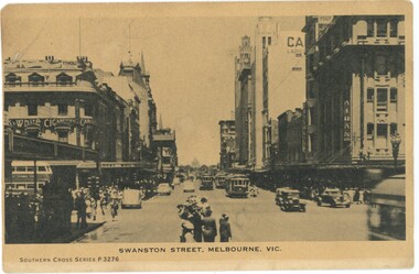 Swanston Street, Melbourne c 1930s showing buildings, trams, some cars and pedestrians