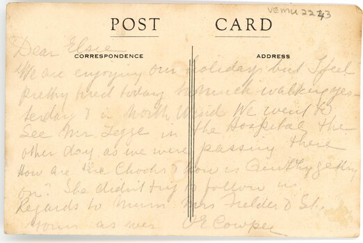 Back of post card of Swanston Street, Melbourne with handwritten message