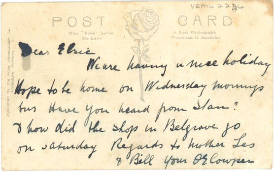 Back of postcard with handwritten message