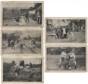 Five yellowed postcards arranged on a white background.