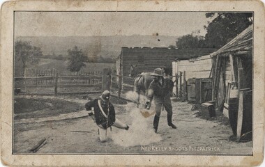 A postcard depicting a man (Kelly) shooting at a police constable on his knees (Fitzpatrick).