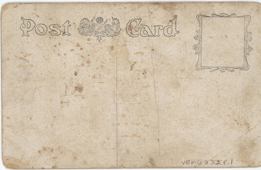 A yellowed postcard with lion and unicorn logo at top centre and detailed square in top right corner.