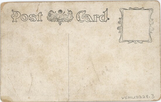 A yellowed postcard with lion and unicorn logo at top centre and detailed square in top right corner.
