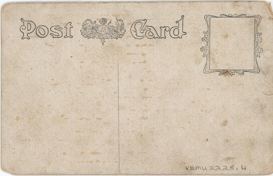 A yellowed postcard with lion and unicorn logo at top centre and detailed square in top right corner.