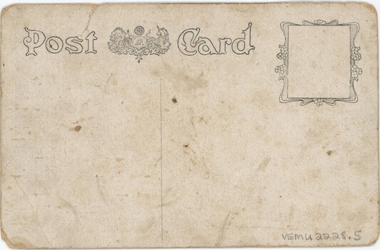 A yellowed postcard with lion and unicorn logo at top centre and detailed square in top right corner.