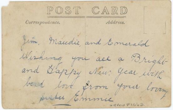 Back of postcard which features a handwritten message