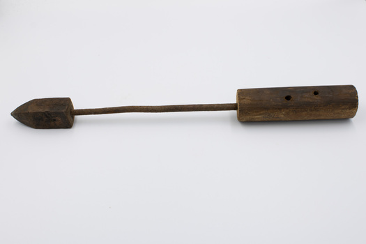 Soldering iron with pointed copper head, iron shaft and wooden handle with two small round holes