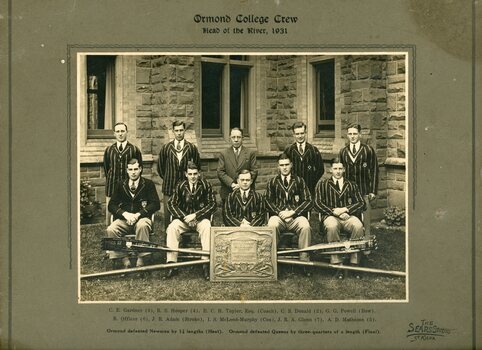 Black and white studio photograph of the premiers Ormond College rowing crew 1931 with identifying information of crew members.