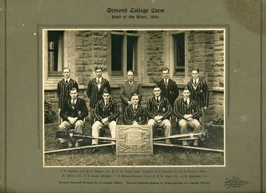 Black and white studio photograph of the premiers Ormond College rowing crew 1931 with identifying information of crew members.