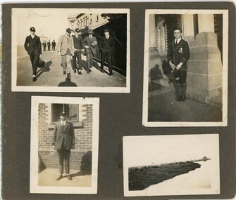 Four black and white photos: two individual photos of Dr Murphy in Geelong College uniform; one with a group of other schoolboys; and one of Geelong seascape.