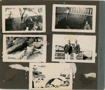 Five black and white photographs: two of Dr Murphy at the beach; one of him with an unknown young man; another of an unknown man; and one of a male 'collapsed' against a fence.