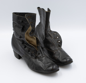 Pair of black button-up shoes with buttons and buttonholes visible.