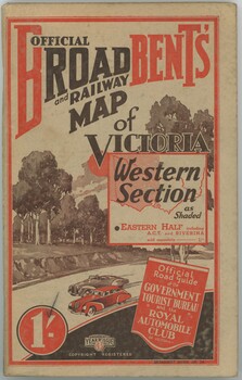"OFFICIAL BROADBENT'S ROAD and RAILWAY MAP of VICTORIA"
"Western Section / as shaded / EASTERN HALF including A. C. T. and RIVERINA sold separately"
"Official Road Guide of the GOVERNMENT TOURIST BUREAU and the ROYAL AUTOMOBILE CLUB OF VICTORIA"