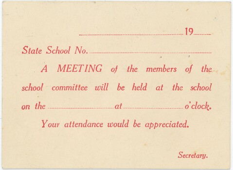 A notice card featuring generic meeting invitation text with blank spaces to fill in details.