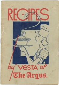 A recipe book's front cover with a blue illustration of a woman and red title text.