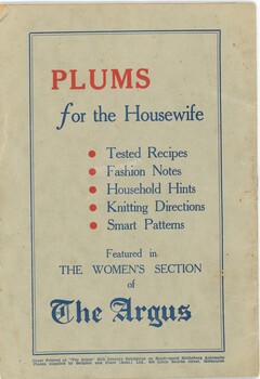 A recipe book's rear cover featuring printing information and an advertisement.