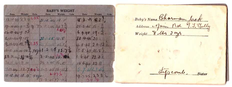 Baby Health book open at first page with baby's name and details written on that page and baby's weight progress recorded on the inside front cover.