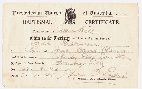 Baptism certificate for Jack Charman with details of his parents, his birth date and his baptism date, and the name of the church.