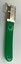 Bean cutter with green plastic handle and metal cutting end both inscribed with maker's marks.