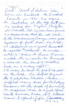 First page of information about the history of Carl Axel Nobelius handwritten by Elaine Morris.