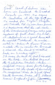 First page of information about the history of Carl Axel Nobelius handwritten by Elaine Morris.