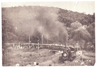 Black and white photograph of event in 1954 to mark Puffing Billy's last trip. The train crowded with people and with many well-wishers standing beside the track is crossing the road at Upper Ferntree Gully heading towards Belgrave.