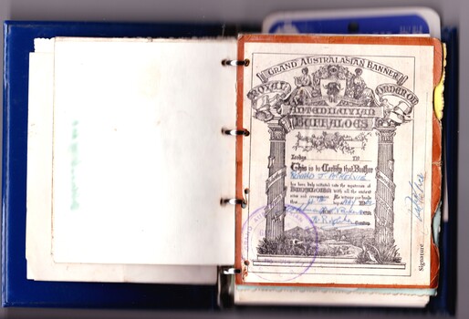 Paper ecord showing Ronald J. McKelvie was initiated into the Royal Antediluvian Order of Buffaloes on 4 Maya 1962