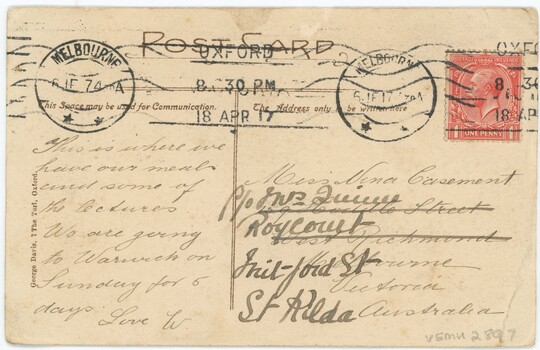 Back of postcard showing hand-written message, address of recipient, and postmarks.