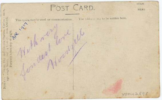 Back of postcard with inscription.