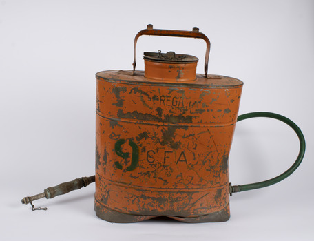 Front side of the fire fighting knapsack which is well worn and orange in colour and also show the brand "REGA and CFA" embossed on the tank and a painted number 9.