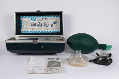 Case containing a manual air resuscitation kit - including two mouth pieces, manual air pump and instructions