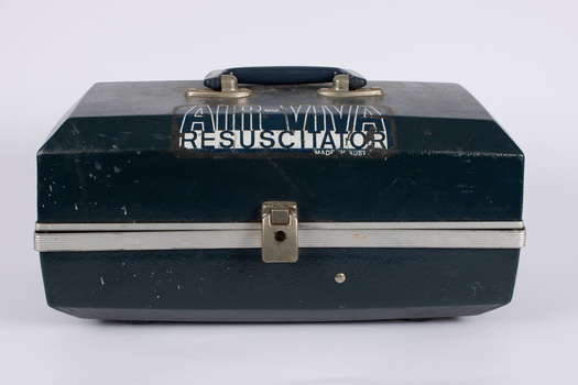 Case containing a manual air resuscitation kit - including two mouth pieces, manual air pump and instructions