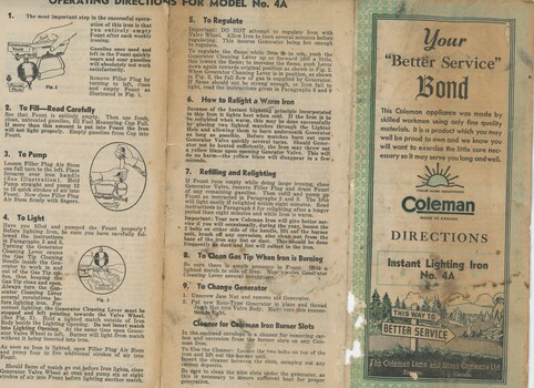 Front of trifold brochure for petrol iron showing operating directions information.