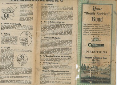 Front of trifold brochure for petrol iron showing operating directions information.