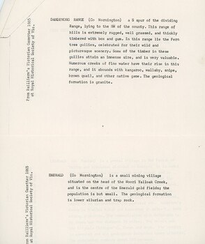 Second page of copy of Gazetter showing information about the Dandenong Ranges and Emerald