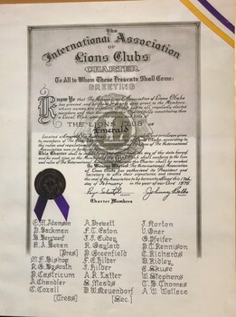 Lions Club Charter with list of members
