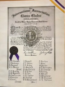 Lions Club Charter with list of members