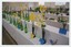 Benches covered with white tablecloth displaying bottles of daffodils with other floral displays in the background