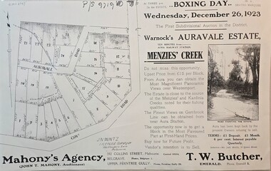 Land sale flyer for 1923 sale of property in Menzies Creek
