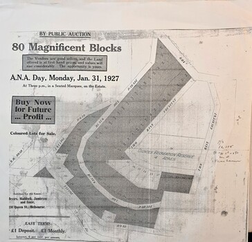 Public Auction, 80 blocks of land, Monday Jan.31, 1927, land adjacent to Black Hill Parade, Selby