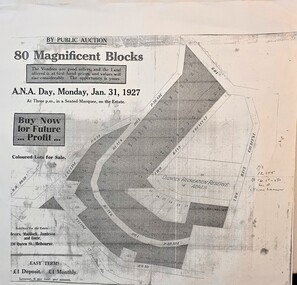 Public Auction, 80 blocks of land, Monday Jan.31, 1927, land adjacent to Black Hill Parade, Selby