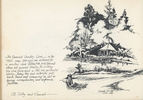 Black and white sketch of lake at Emerald Country Club (ECC) and pavilion and some text about the history and function of the ECC.
