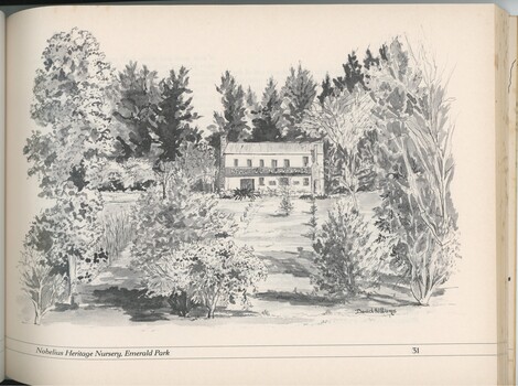 Page in the book showing black and white sketch of the Nobelius Packing Shed in Nobelius Heritage Park