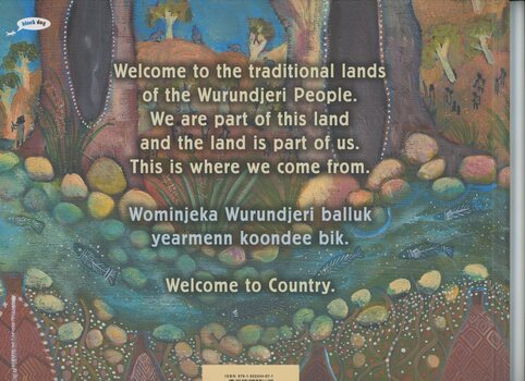 Back cover of book with a Welcome to Country inscription