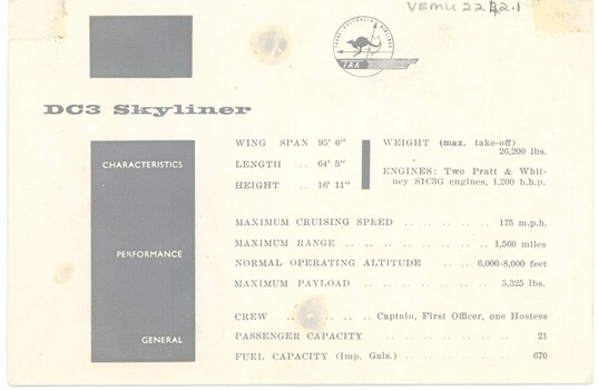 Specifications of DC3 Skyliner including characteristics, performance and general information