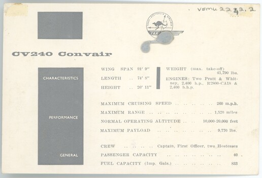 Back of postcard showing information regarding CV240 Convair including characteristics and performance