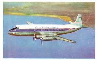 Side view of TAA airline, Vickers Viscount, flying over the ocean with the coast visible.