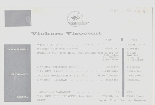 Printed information including characteristics, performance and general information relating to Vickers Viscount airplane. TAA kangaroo logo above text.