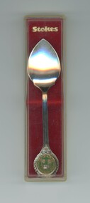 Silver-plated commemorative teaspoon inside clear plastic case.